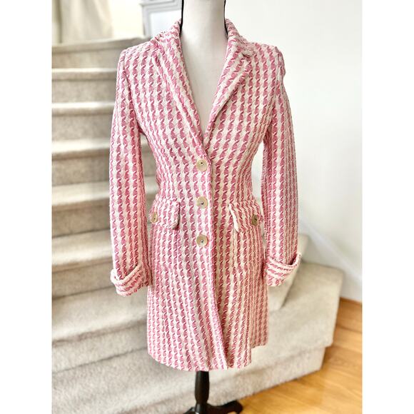 Vintage Y2K Banana Republic Pink & Cream Houndstooth Fitted Trench Pea Coat - Picture 1 of 7
